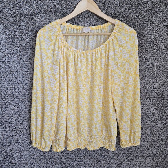 Michael Kors Top Womens Large Yellow Off The Shoulder Blouse‎ Semi Sheer Ladies - Picture 1 of 7